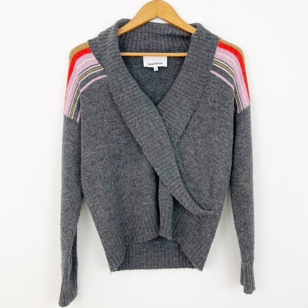 Heartloom Shayla Gray Stripe Faux Wrap Long Sleeves Soft V-Neck Sweater Small